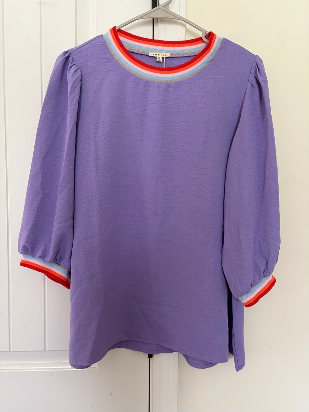 JODIFL Lavender Puff Sleeve Top with Red & Light Blue Trim